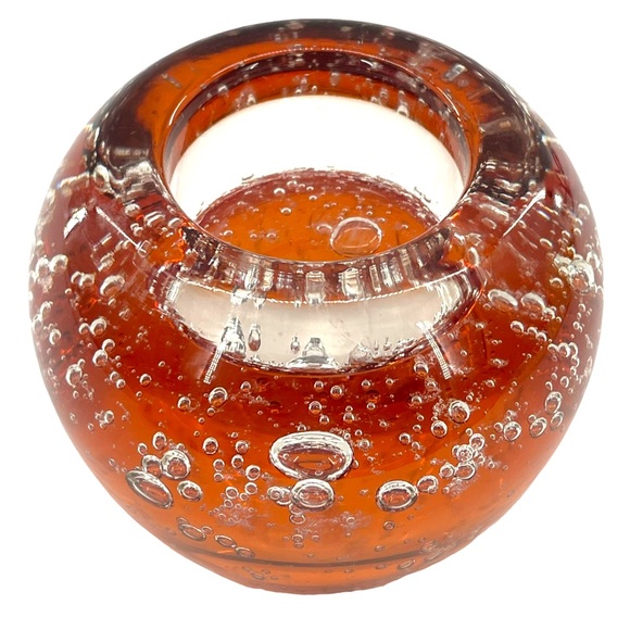 Studio Art Glass Small Candle Holder Amber Colored with Controlled Bubbles - Picture 4 of 8